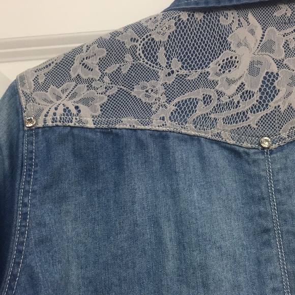 Denim & Lace Button Down Western Shirt - Picture 8 of 12